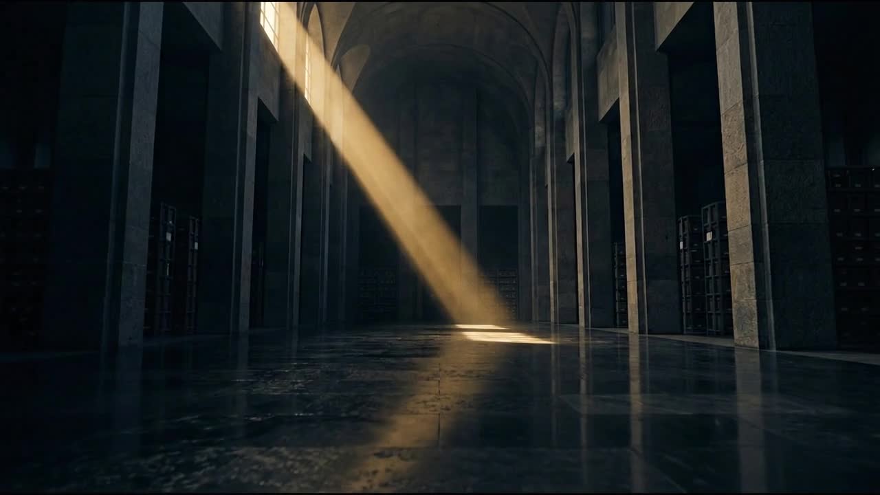 Sunlight falling through a monumental columned hall